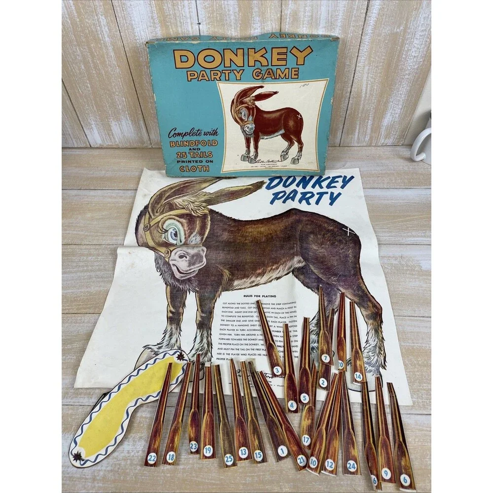 Vintage 1950s Pin the Tail on the Donkey Party Game Parker Brothers - 18 Tails